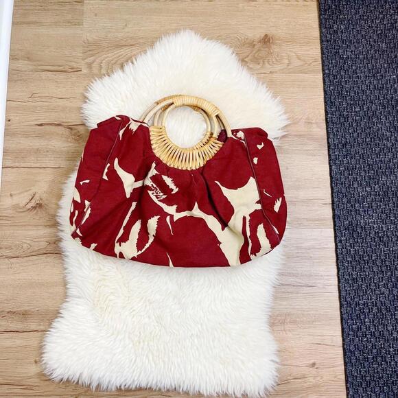 Old Navy‎ Canvas Handbag Summer Wooden Handles - Picture 3 of 8